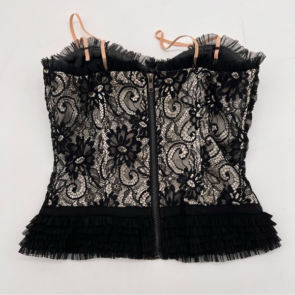 Forever 21 Paris Black Lace Corset Bustier Top S – Ruffle Trim, Zip Back - Picture 2 of 8